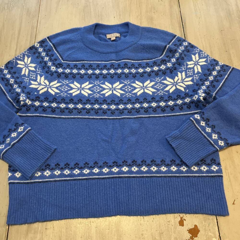 J Crew Blue Snowflake Fair Isle Crewneck Super soft Yarn Sweater Sz M Preppy